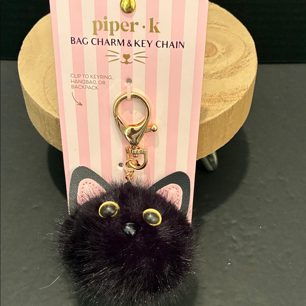 Piper K Black Faux Fur Cat Pom Keychain with Gold Hardware